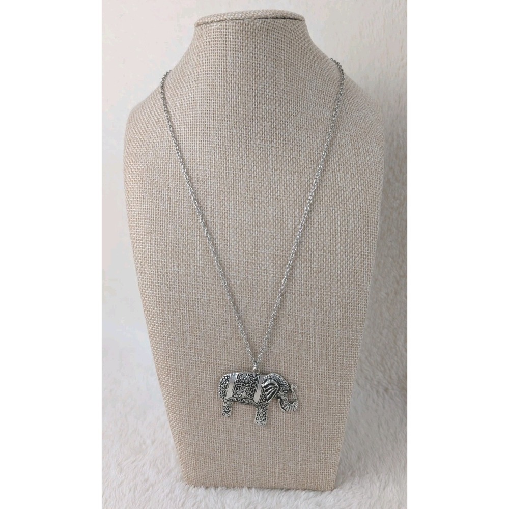 Silver Tone Elephant Pendant Necklace Boho Tribal Style‎ Long Chain Statement...